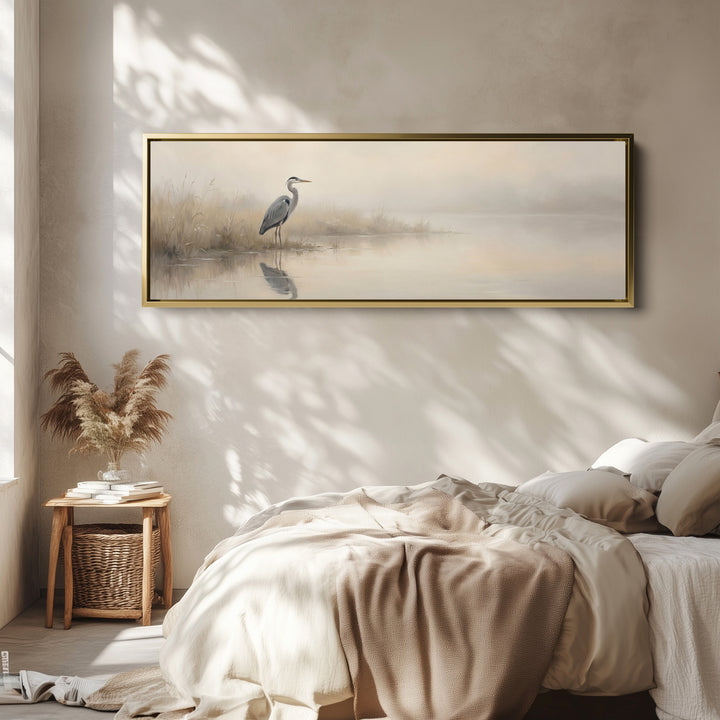 Heron In Foggy Water Wide Framed Canvas Extra Wide Canvas Bedroom