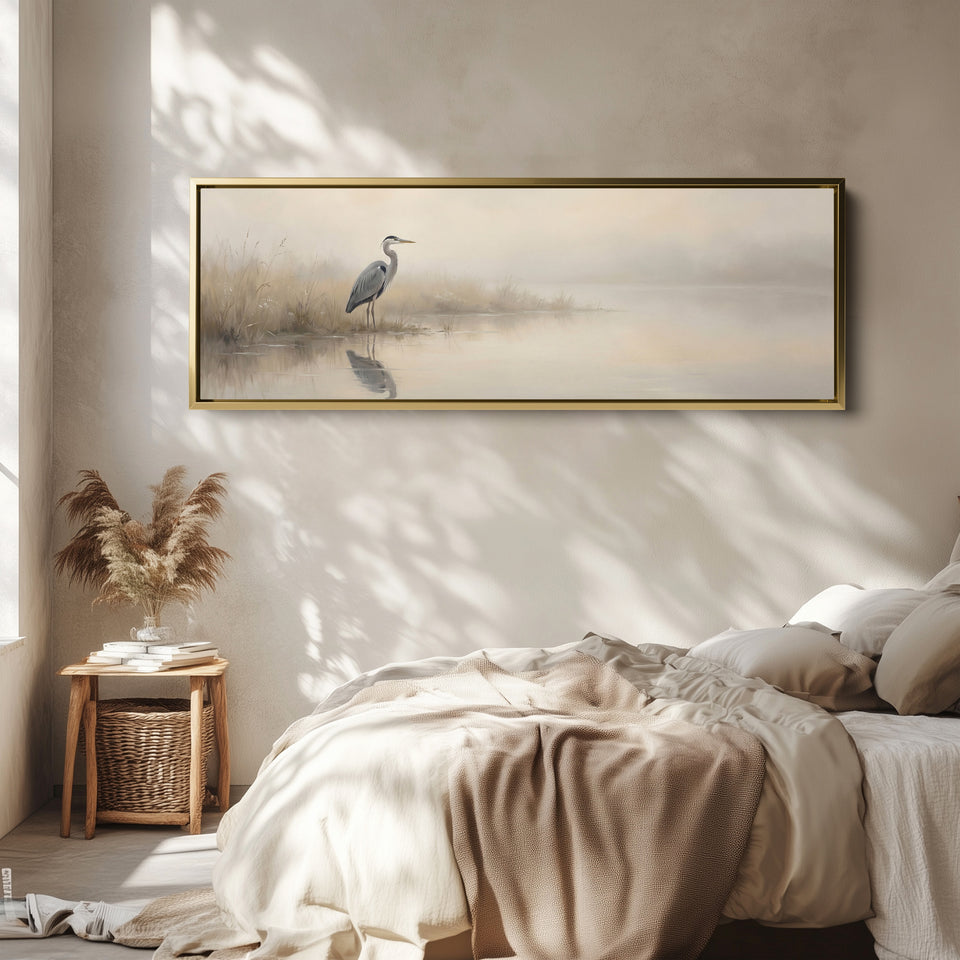 Heron In Foggy Water Wide Framed Canvas Extra Wide Canvas Bedroom
