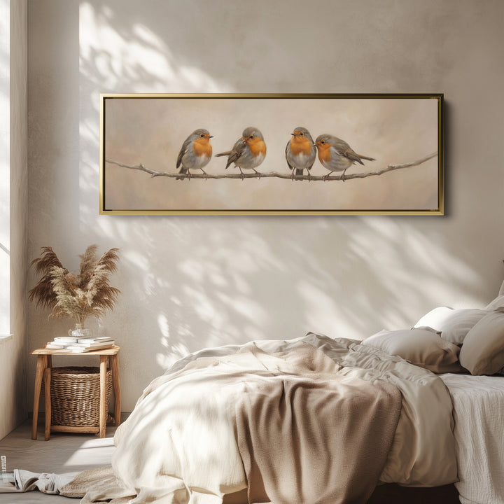 Four Robins On Branch Long Wall Art Panoramic Canvas Print Living Room