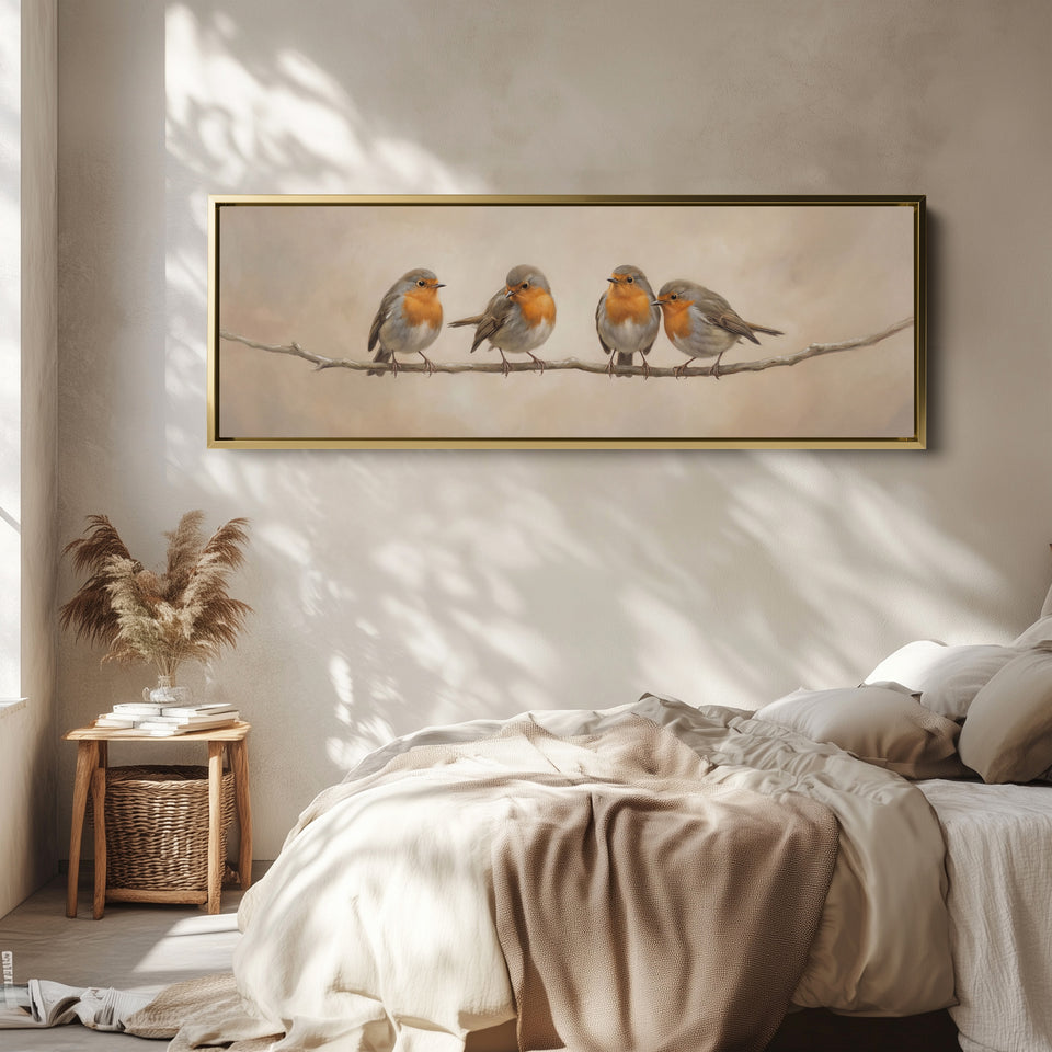 Four Robins On Branch Long Wall Art Panoramic Canvas Print Living Room