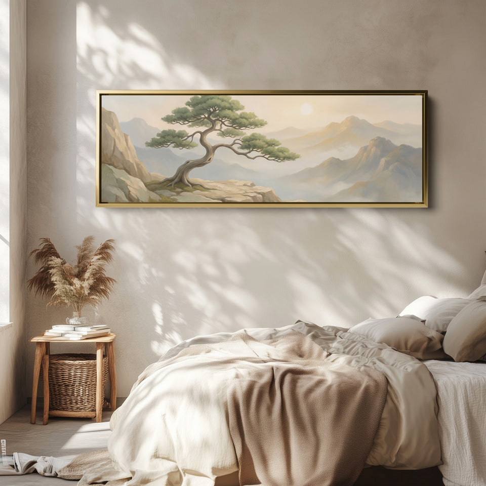 Bonsai Tree On Mountain Cliff Wide Framed Canvas Living Room