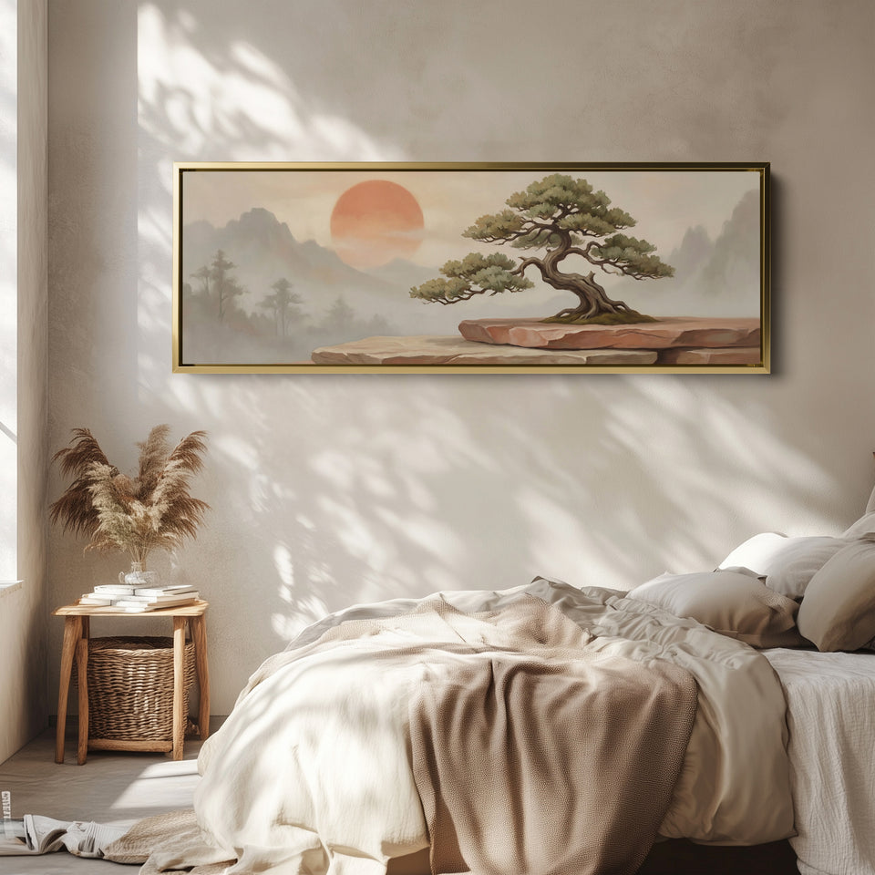bonsai tree in bedroom Long Wall Art Bonsai Tree With Red Sun Panoramic Canvas Bedroom