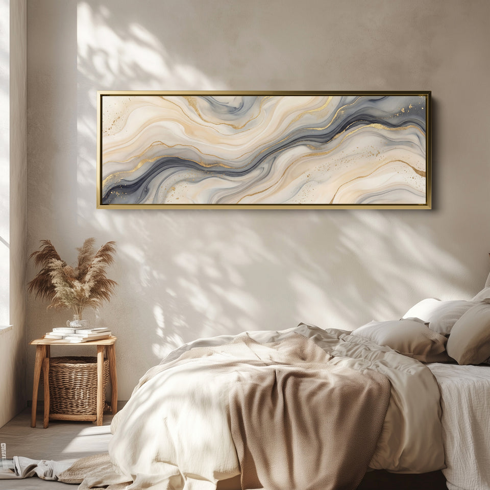 Above Bed Wall Art Abstract Marble With Yellow Lines Panoramic Canvas Print Bedroom