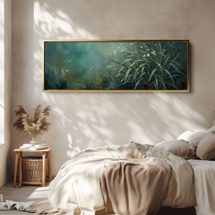 Wild Grass With White Flowers Wide Framed Canvas Extra Wide Canvas Bedroom