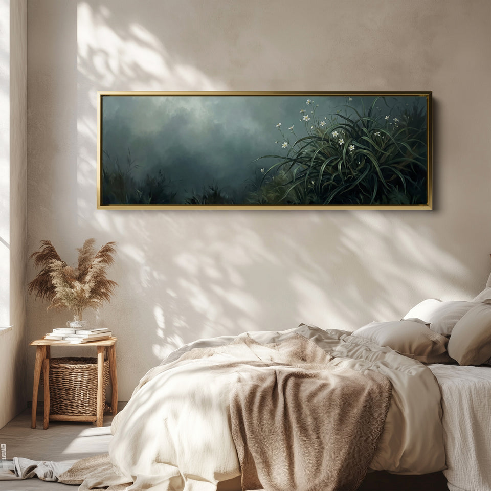 Long Wall Art White Flowers In Foliage Panoramic Canvas Print Living Room