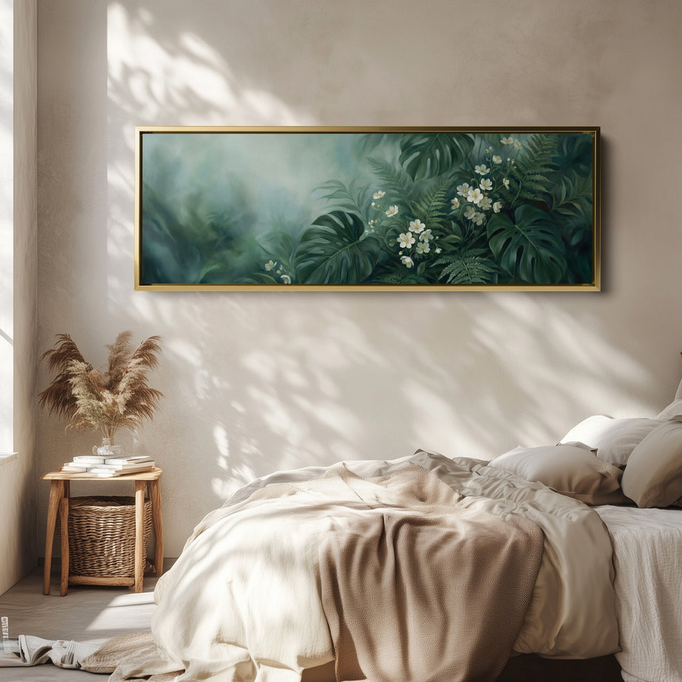 Tropical Leaves And Blossoms Horizontal Wall Art Framed Canvas Print Bedroom
