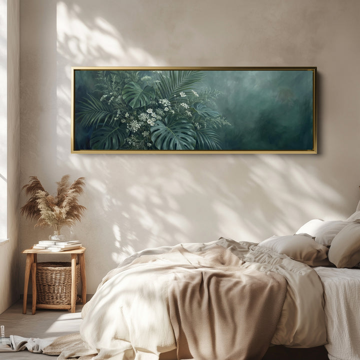 Tropical Leaves With White Flowers Horizontal Wall Art Statement Wall Decor Bedroom