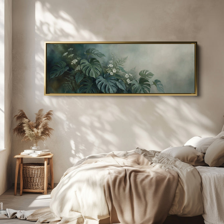 Above Bed Wall Art Tropical Leaves And White Blossoms Panoramic Canvas Print Living Room