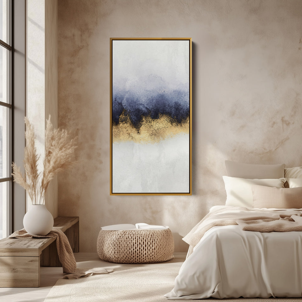 Large Vertical Wall Art Blue Gold Band Tall Canvas For Bedroom