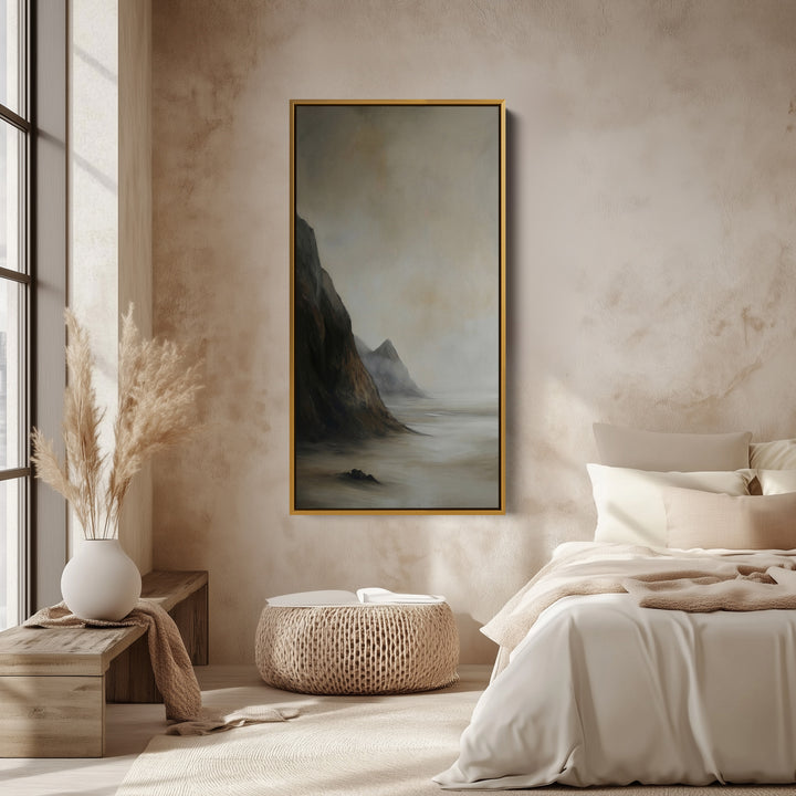 Tall Framed Canvas Misty Coastal Cliffs Vertical Canvas For Hallway