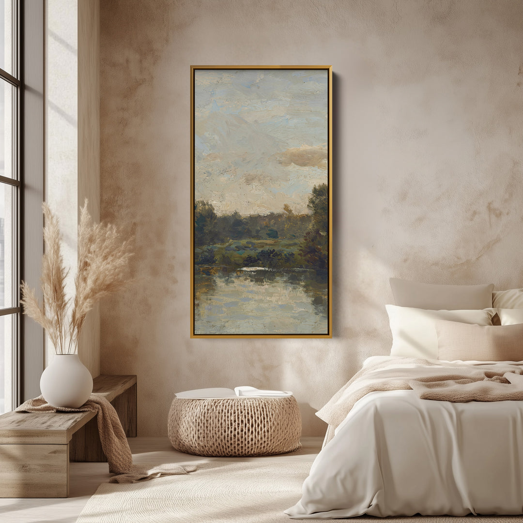 Impressionist River Landscape Vertical Wall Art Tall Canvas For Living Room