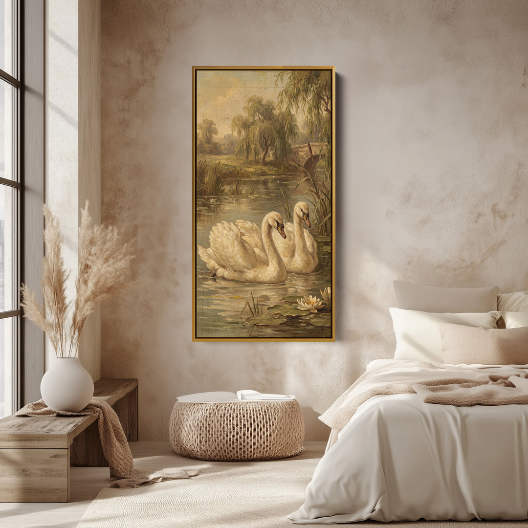 Swans On Pond Tall Wall Art Framed Canvas Print For Bedroom