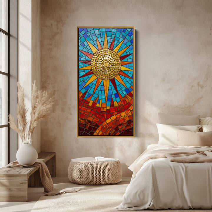 Mosaic Sun Tall Framed Canvas Vertical Canvas For Bedroom