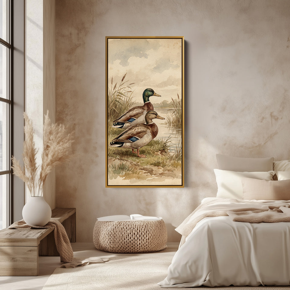 Mallard Ducks Riverbank Narrow Wall Art Vertical Canvas For Kitchen