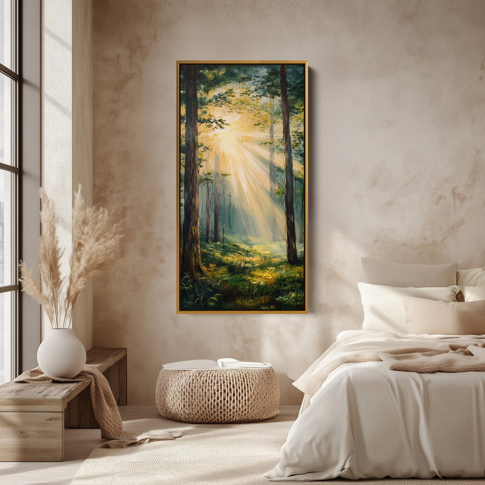 Sunlit Forest Rays Tall Wall Art Vertical Canvas For Bedroom