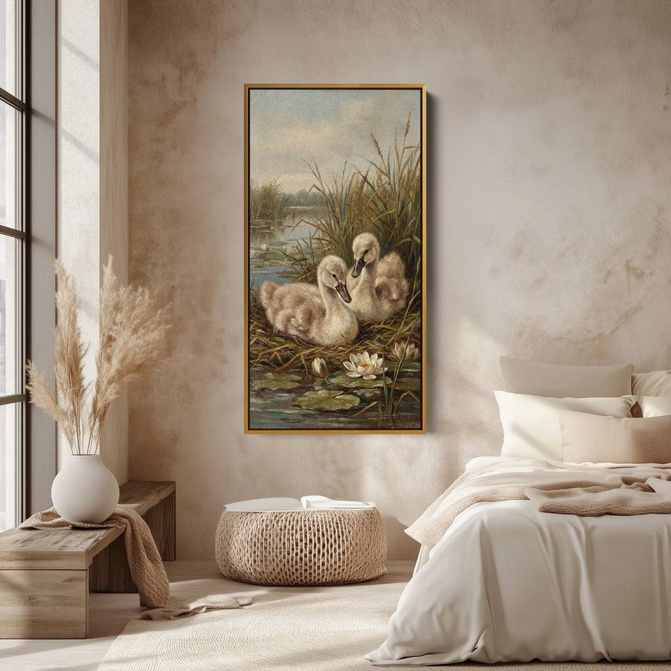Swan Cygnets Pond Tall Narrow Canvas Vertical Canvas For Bedroom