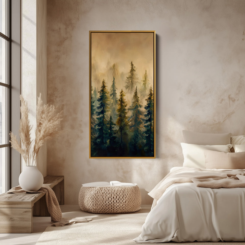 Misty Pine Forest Long Wall Art Tall Canvas For Living Room