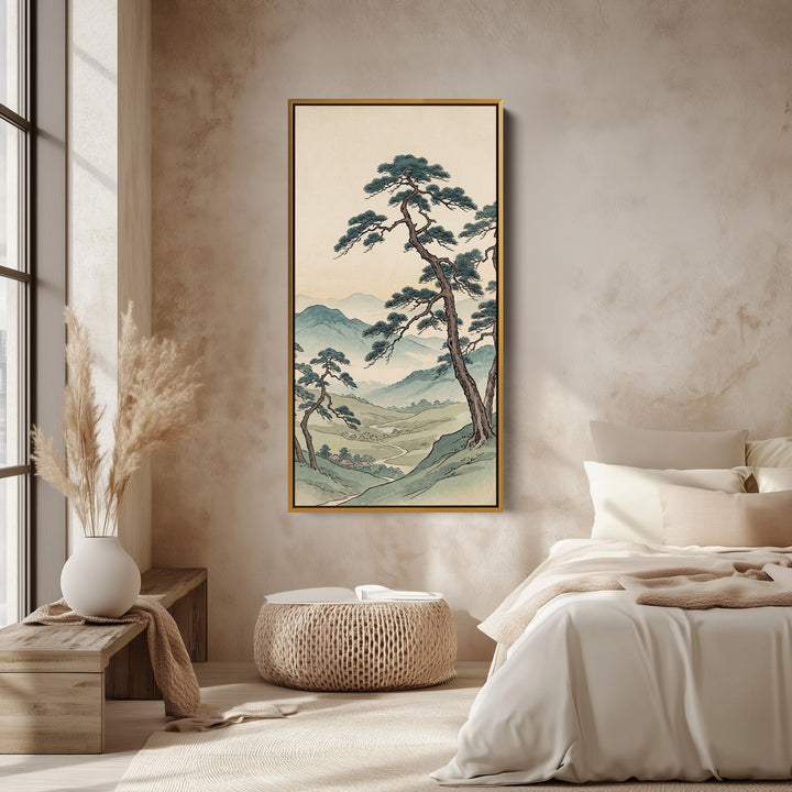 Narrow Japanese Wall Art Pine Tree Valley Vertical Canvas For Living Room
