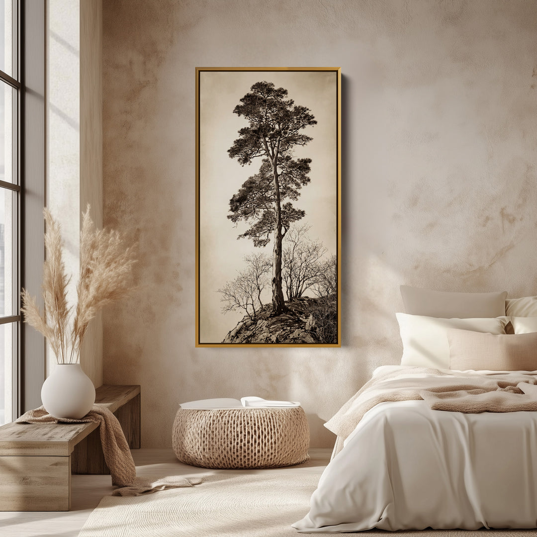 Vertical Wall Art Lone Tree On Rocky Hill Tall Canvas For Living Room