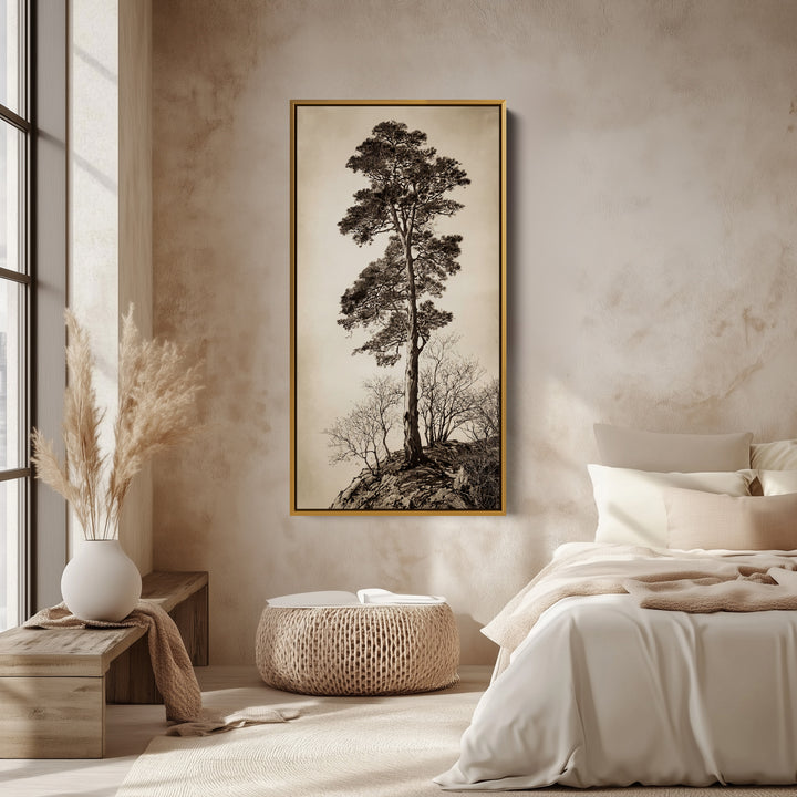 Vertical Wall Art Lone Tree On Rocky Hill Tall Canvas For Living Room