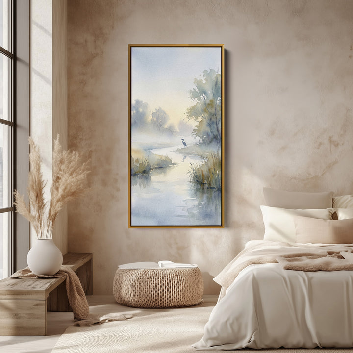 Narrow Wall Art Watercolour River Landscape Vertical Canvas For Bedroom