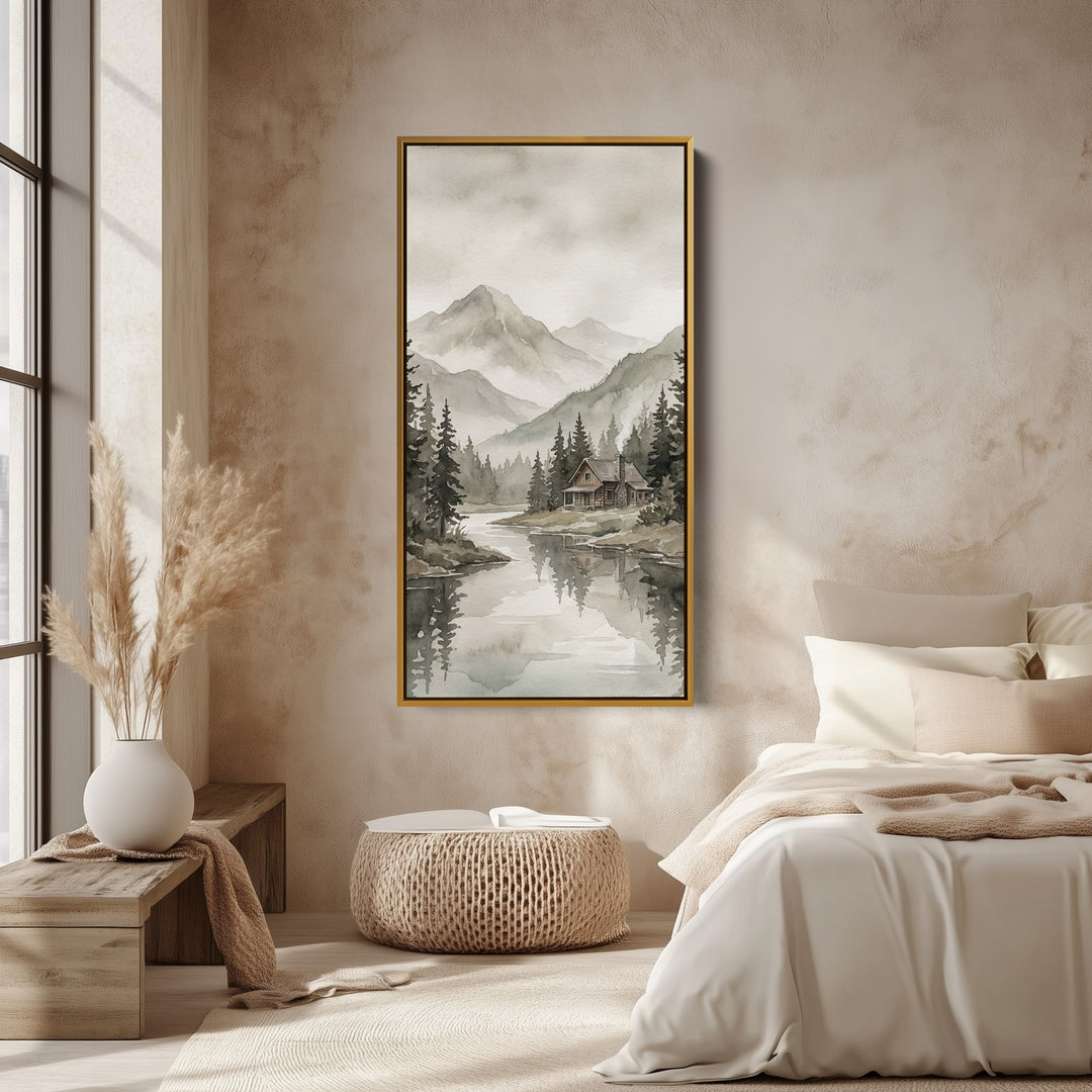 Vertical Wall Art Misty Mountain Lake Cabin Tall Canvas For Living Room
