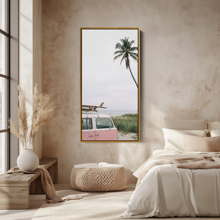 Surf Van And Palm Tree Narrow Wall Art Framed Canvas Print For Bedroom
