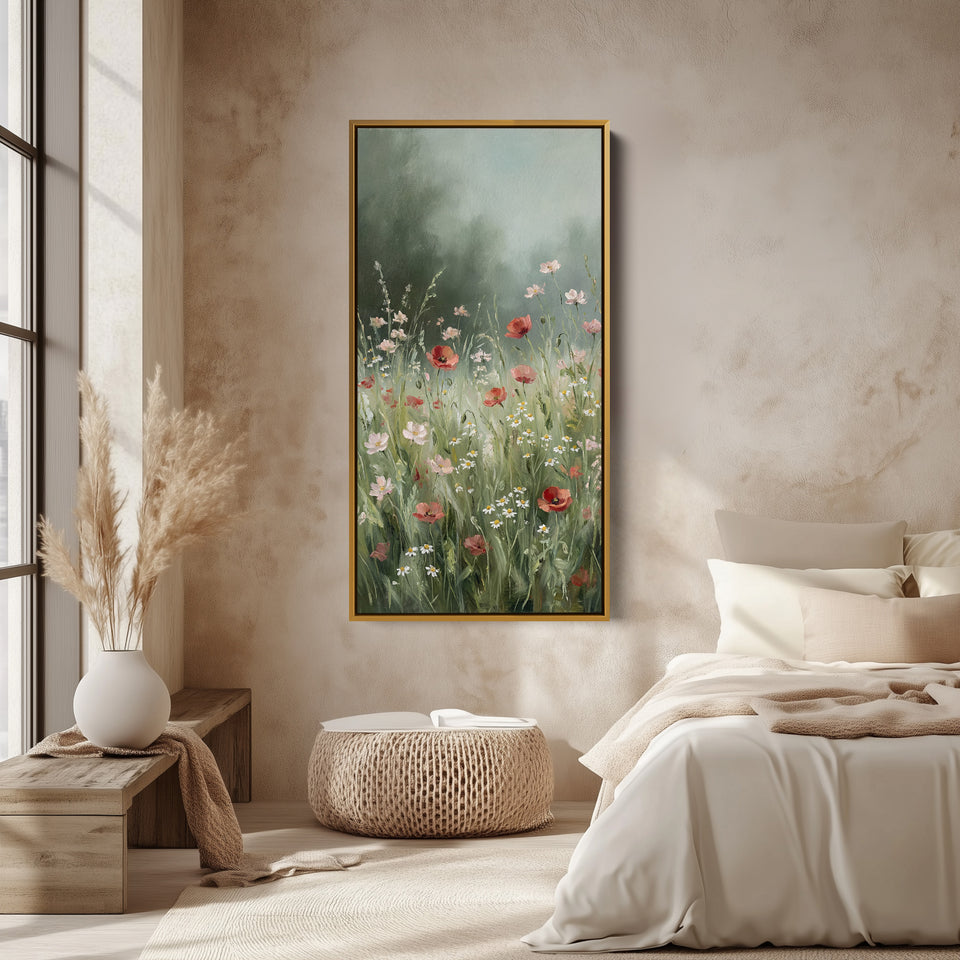 Portrait Wall Art Wildflower Meadow With Poppies Tall Canvas For Bedroom