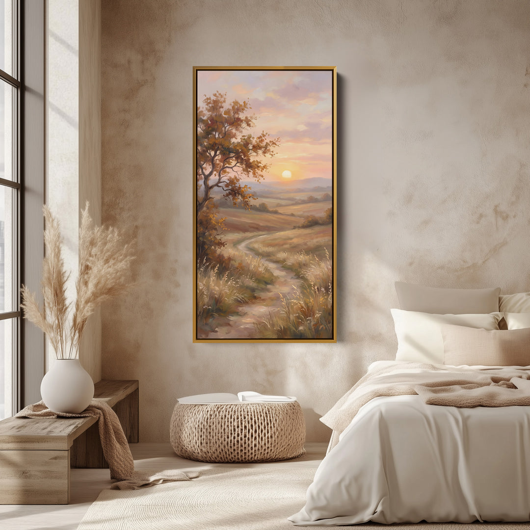 Autumn Tree Sunset Path Tall Framed Canvas Framed Canvas Print For Bedroom