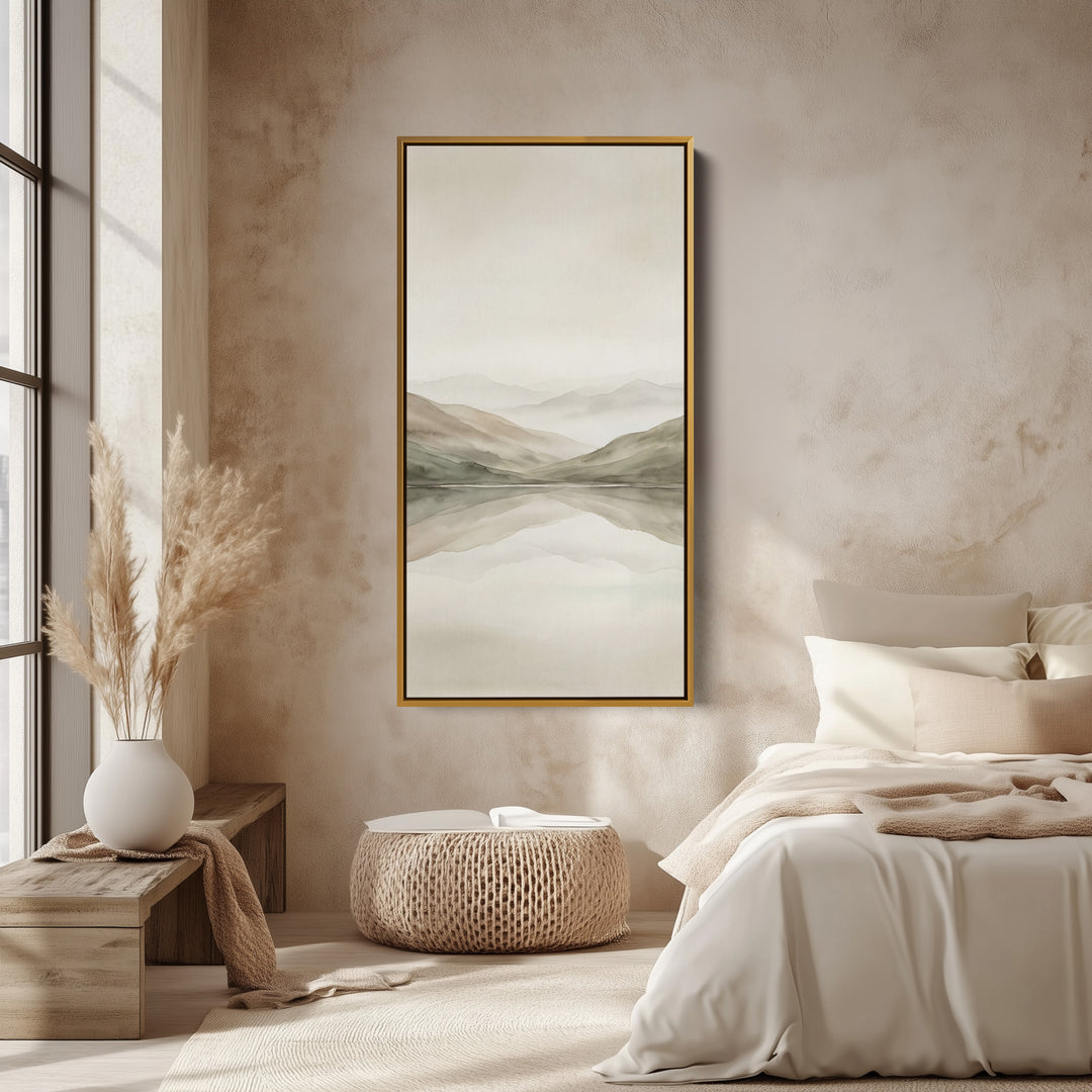 Minimal Misty Mountains Reflection Tall Narrow Canvas Framed Canvas Print For Bedroom