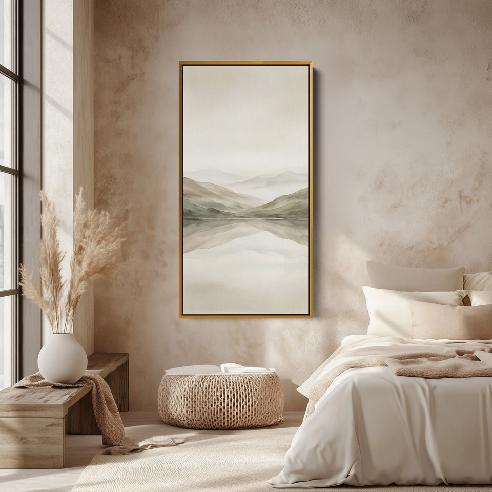 Minimal Misty Mountains Reflection Tall Narrow Canvas Framed Canvas Print For Bedroom