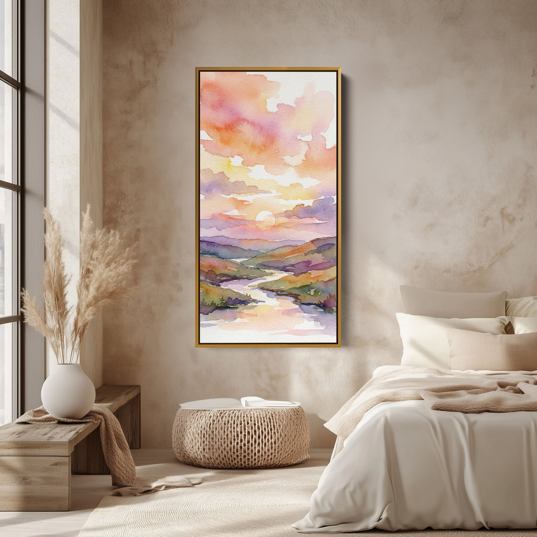 Portrait Wall Art For Office Watercolour Sunset Over River Vertical Canvas