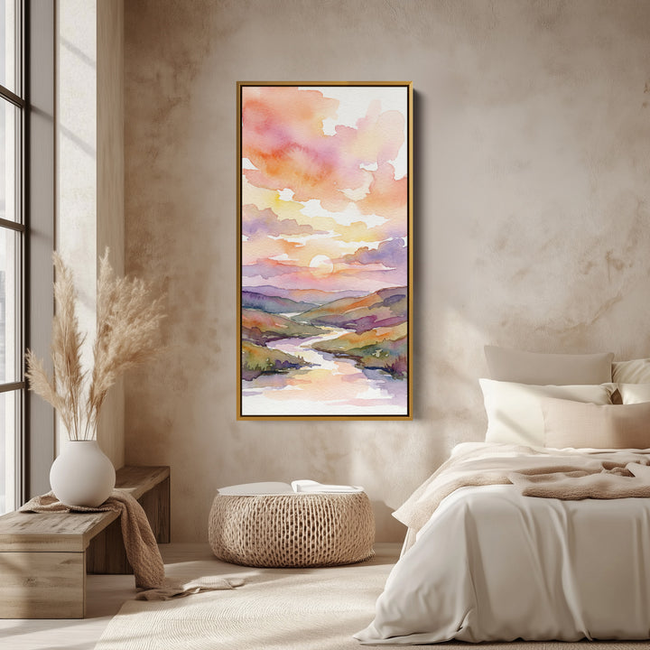 Portrait Wall Art For Office Watercolour Sunset Over River Vertical Canvas