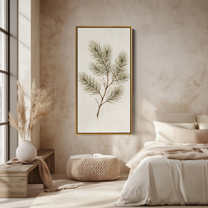Tall Framed Canvas Pine Branch Botanical Portrait Wall Art For Office