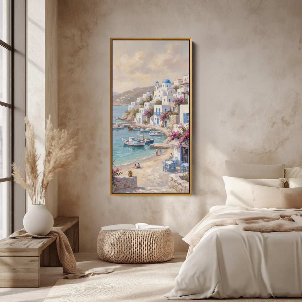 Coastal Village Harbour Boats Vertical Wall Art Framed Canvas Print For Bedroom
