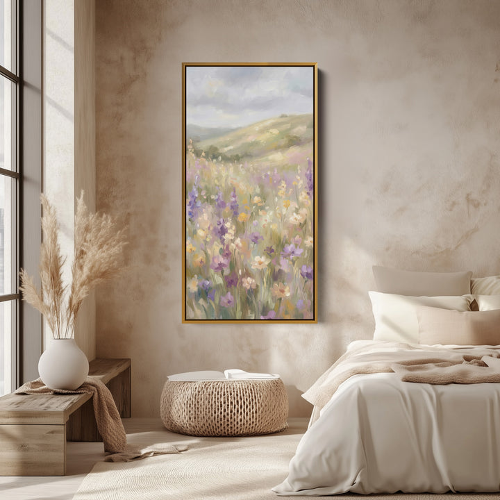 Tall Narrow Canvas Soft Focus Wildflower Meadow Portrait Wall Art For Office