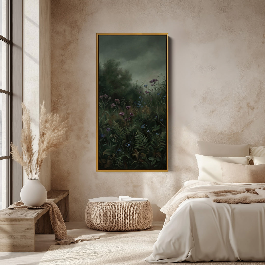 Large Vertical Wall Art Tall Framed Canvas Dark Forest Flowers And Ferns For Hallway