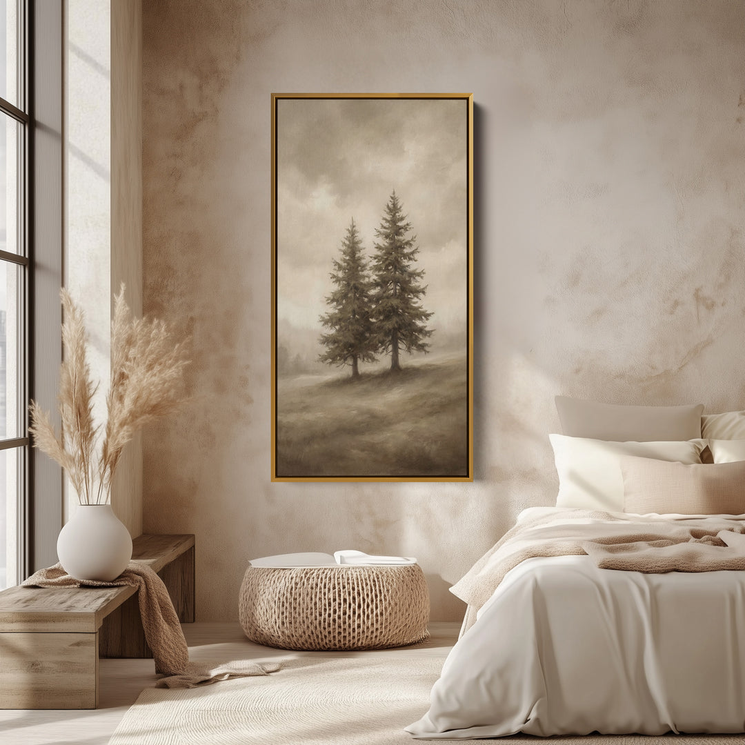 Narrow Wall Art Two Pine Trees In Fog Tall Canvas For Living Room