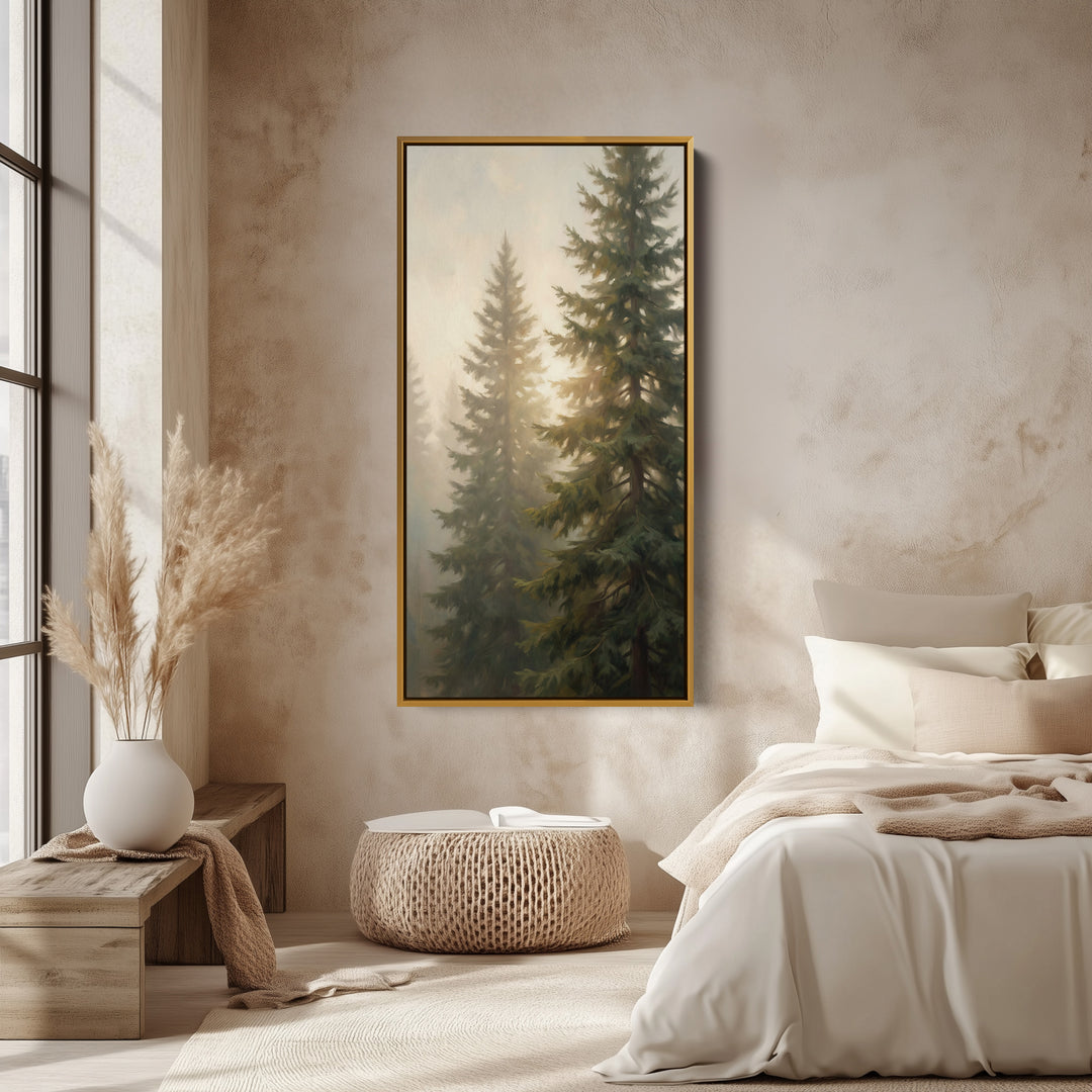Evergreen Trees In Haze Tall Wall Art Framed Canvas Print For Bedroom