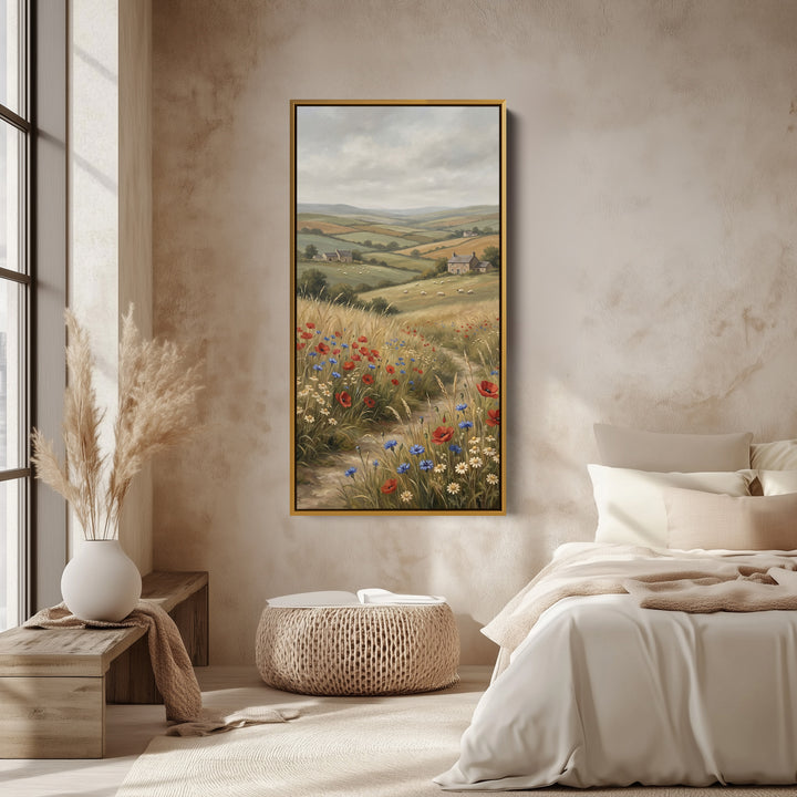 Portrait Wall Art Countryside Hills With Wildflowers Large Vertical Wall Art For Office