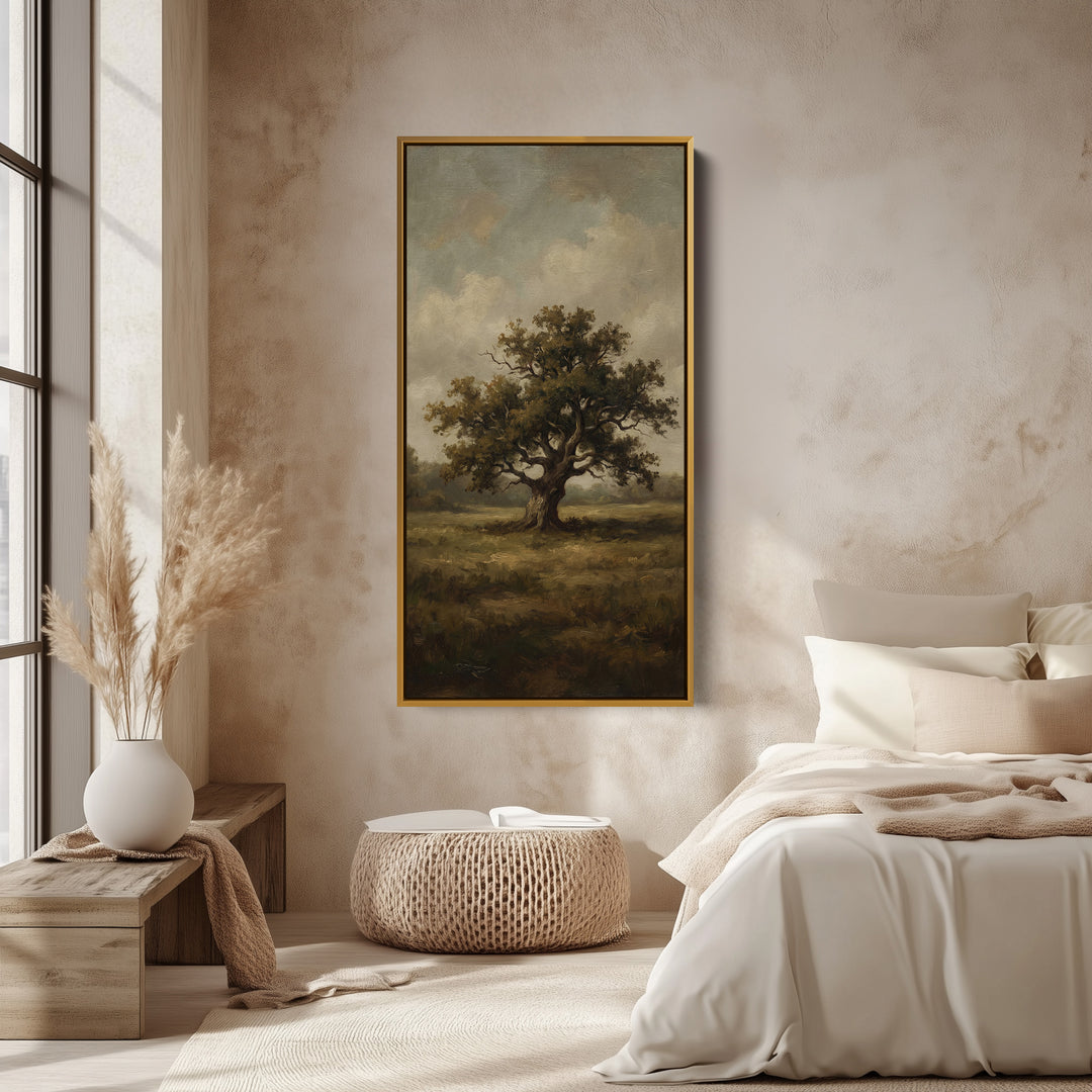 Lone Tree In Field Large Vertical Wall Art Framed Canvas Print For Bedroom