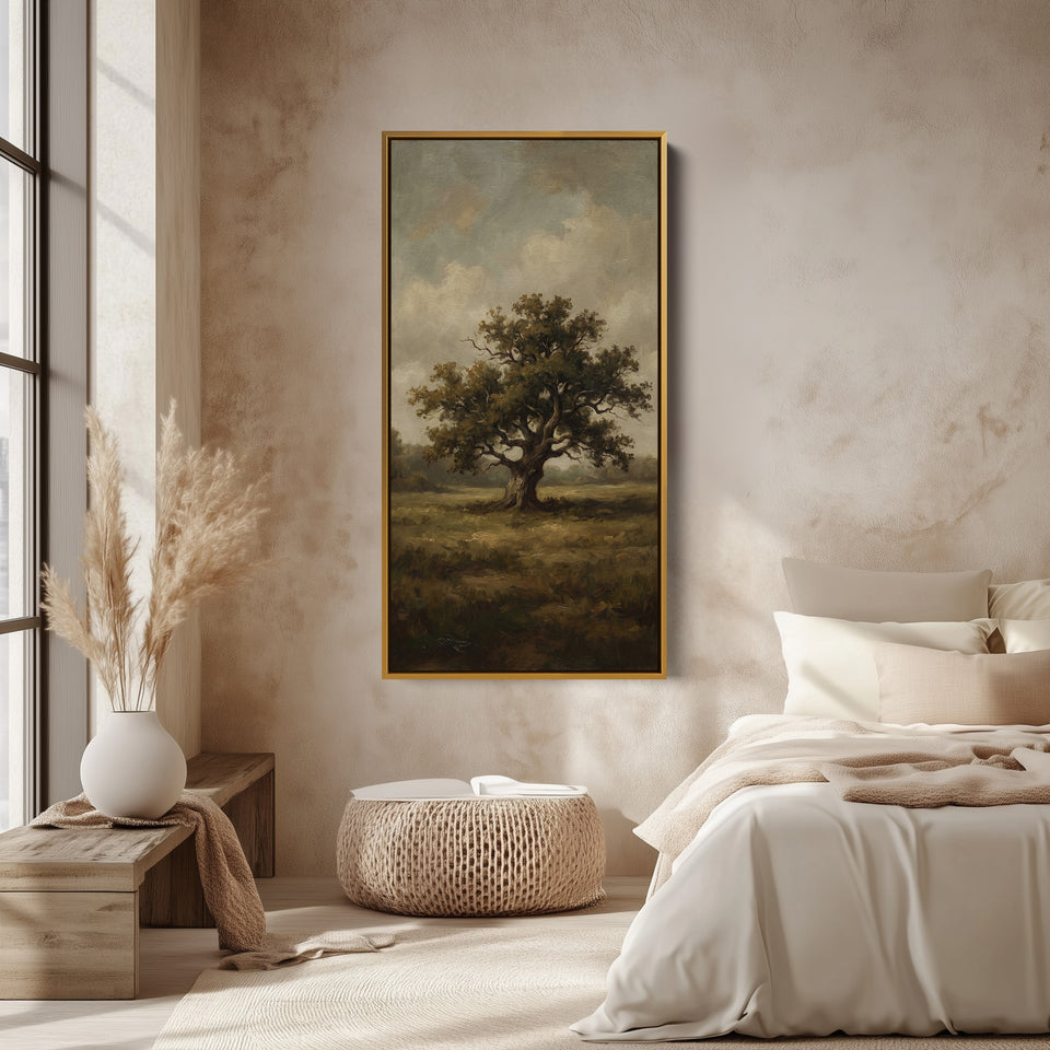 Lone Tree In Field Large Vertical Wall Art Framed Canvas Print For Bedroom
