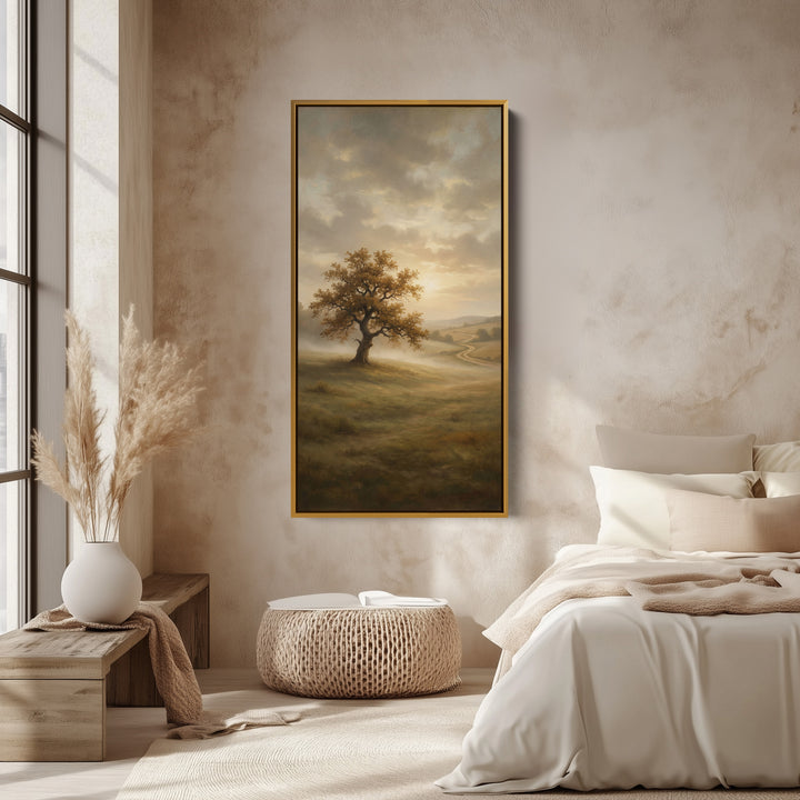 Lone Tree Misty Landscape Narrow Wall Art Framed Canvas Print For Bedroom
