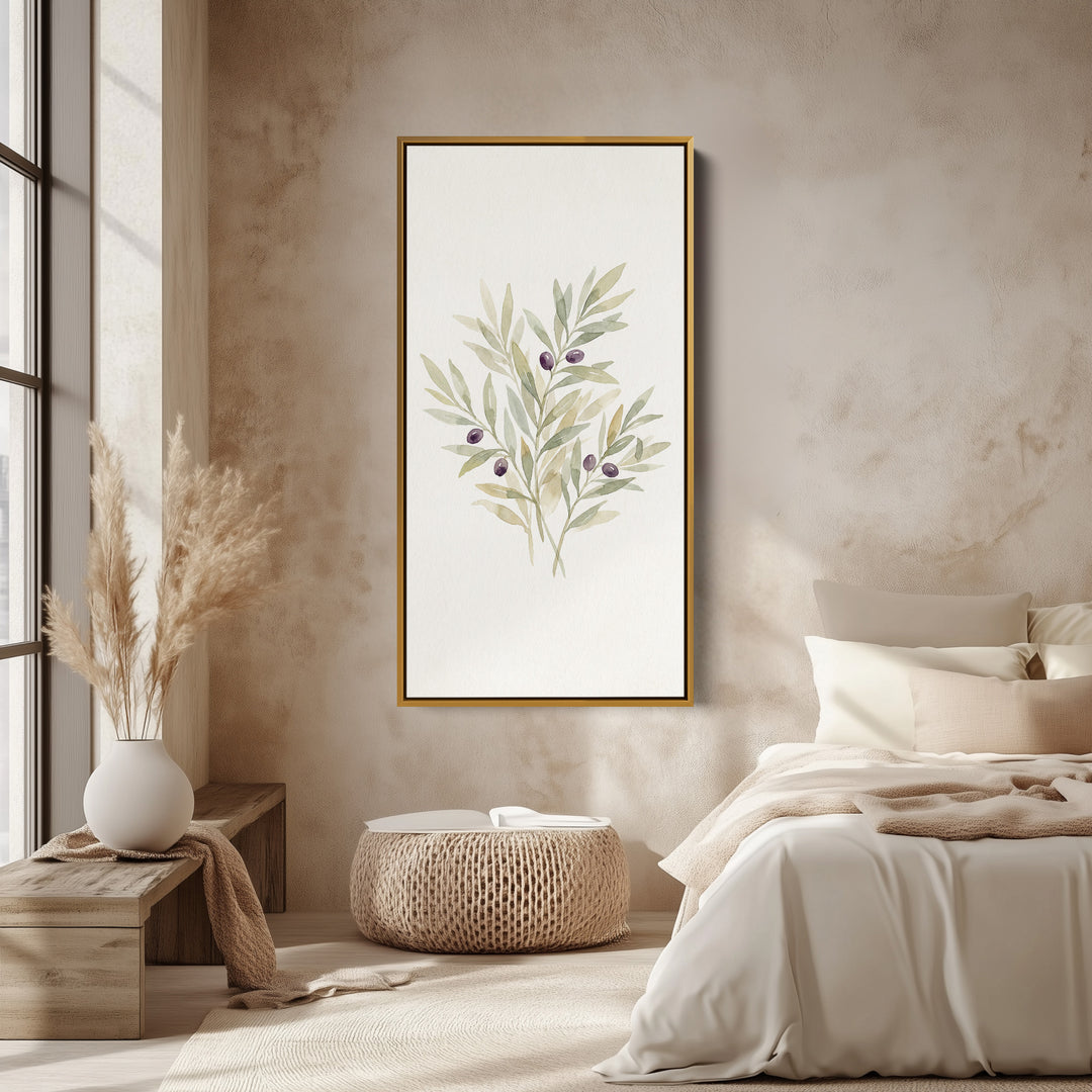 Olive Branch Botanical Tall Narrow Canvas Framed Canvas Print For Living Room
