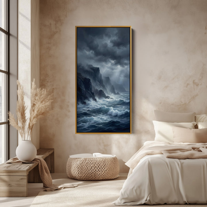 Tall Canvas Large Vertical Wall Art Stormy Sea And Cliffs For Hallway