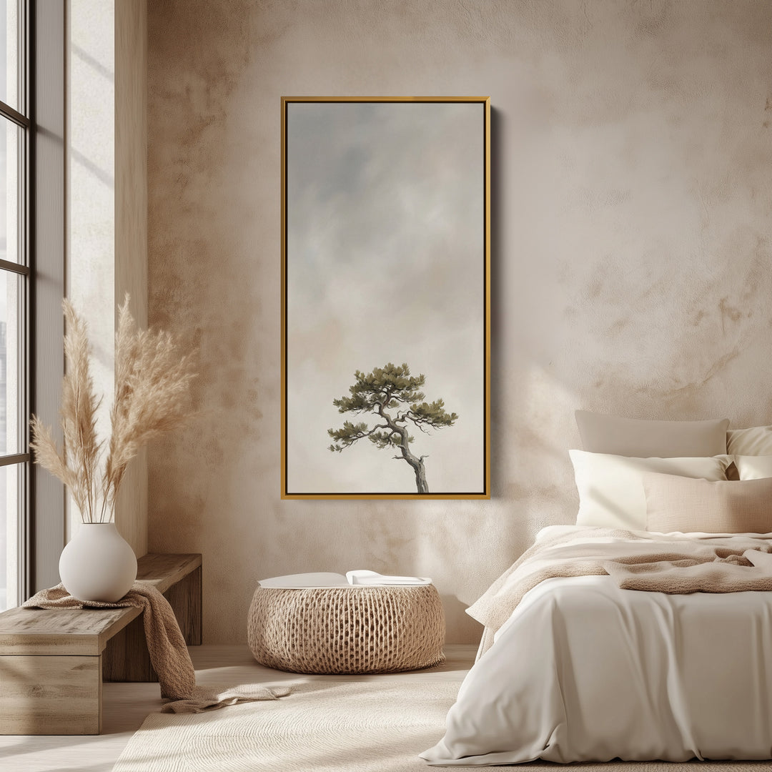 Tall Framed Canvas Windswept Tree In Fog Portrait Wall Art For Kitchen