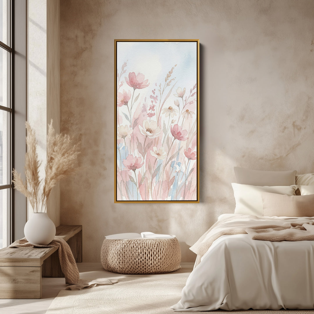 Long Wall Art Soft Pink Watercolour Flowers Tall Canvas For Bedroom