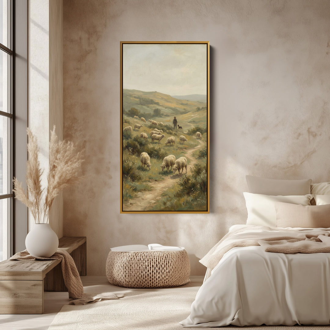 Shepherd With Sheep Hillside Vertical Wall Art Framed Canvas Print For Office