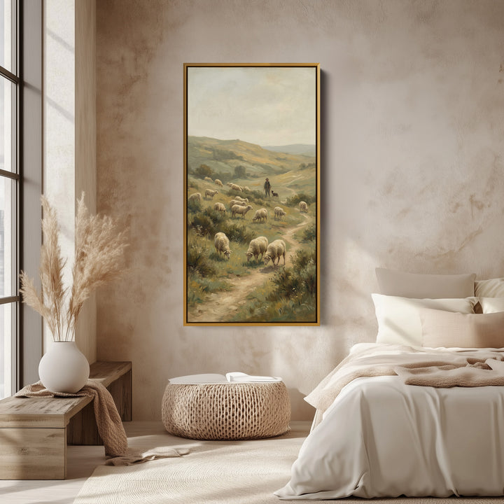 Shepherd With Sheep Hillside Vertical Wall Art Framed Canvas Print For Office