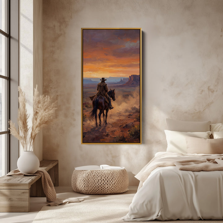 Tall Wall Art For Bedroom Cowboy On Horse At Sunset Vertical Canvas